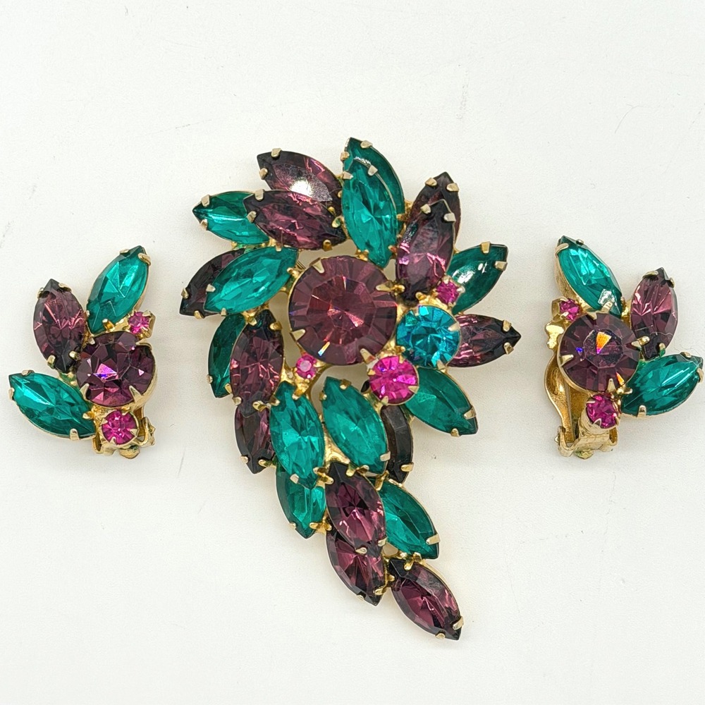 Vintage Juliana‎ Style Rhinestone Brooch Earrings Set Green Purple Gold